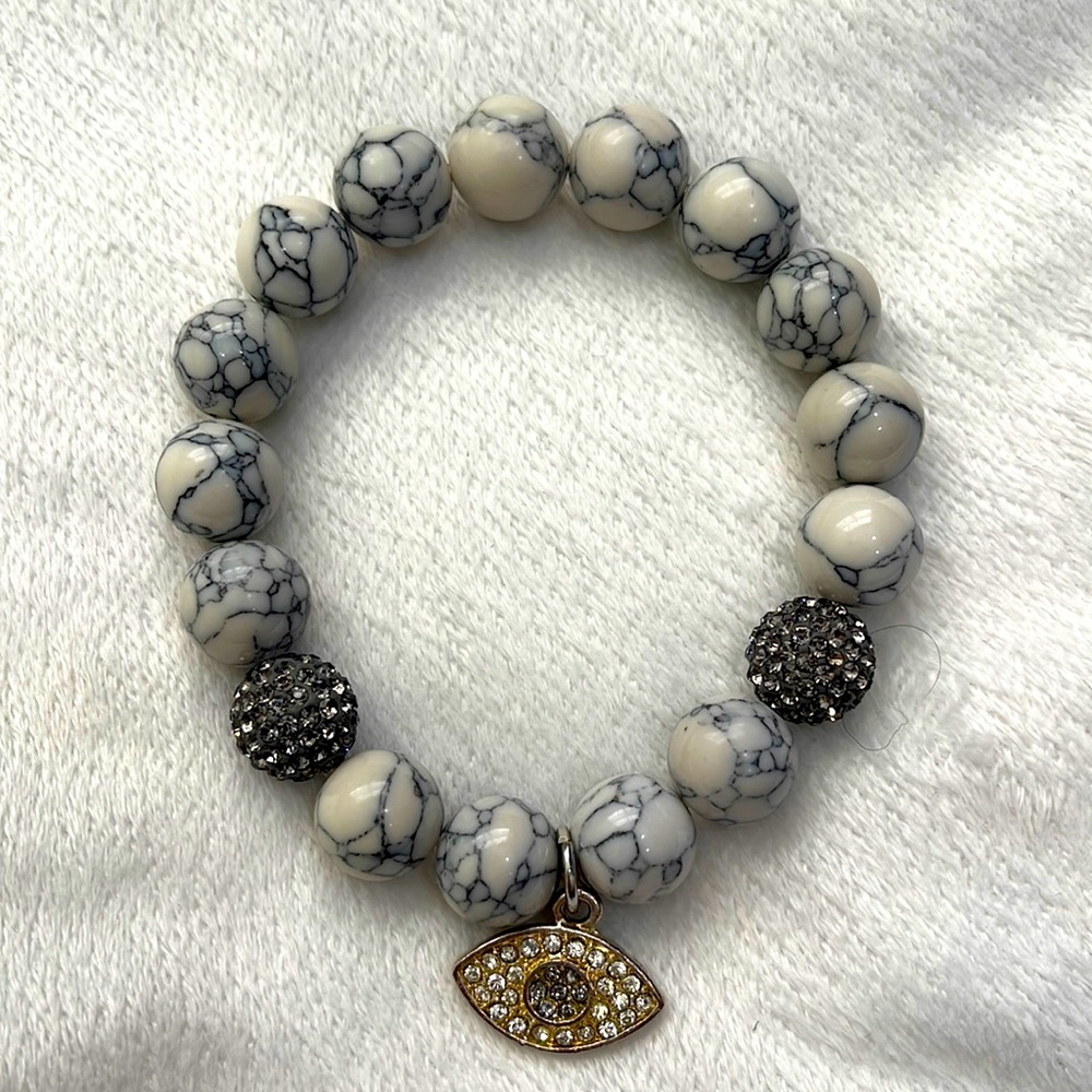 Evil Eye Marble Bead Crystals Stretch Bracelet